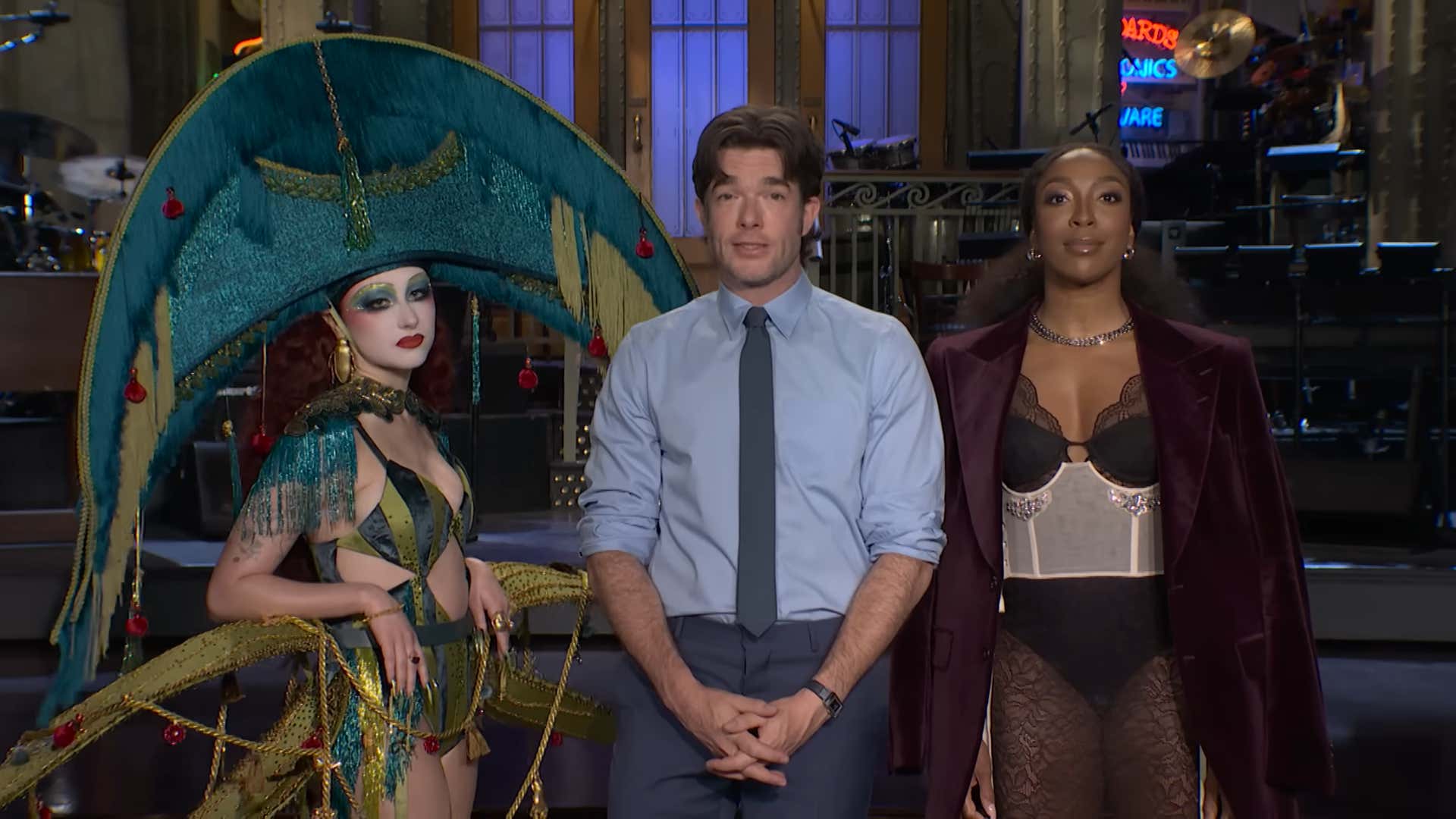 Chappelle Rowan, John Mulaney and Ego Nwodim on the Saturday Night Live stage.